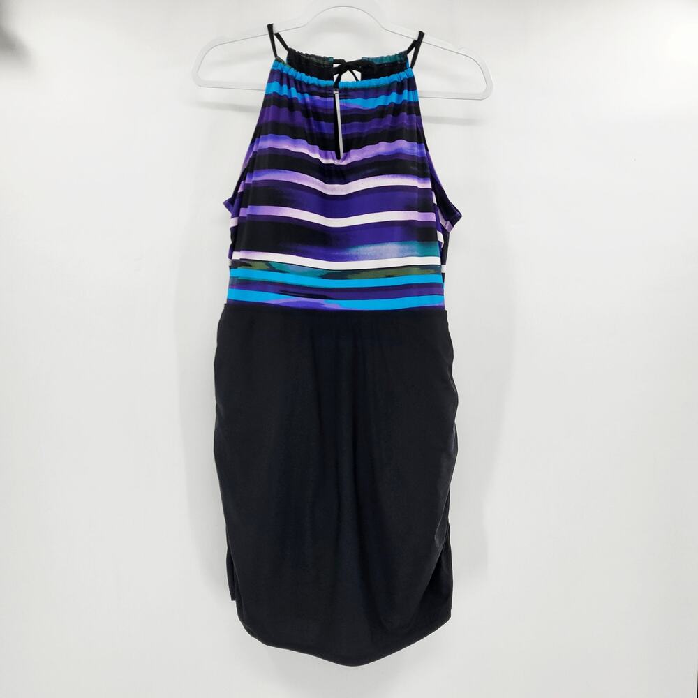 Multicolor Striped Halterneck Ruched Swimdress Women's Plus Size 2XL Beach Swim